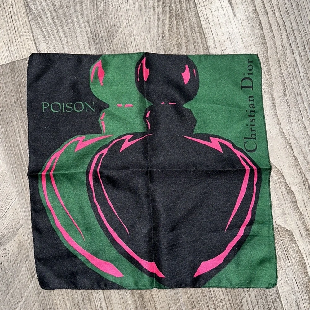 VTG Christian Dior POISON Mini Scarf Handkerchief Hankie black Pink Bottle EUC